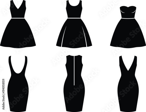 Black silhouette collection of six short elegant cocktail dresses and casual summer women apparel for fashion vector graphic design projects.