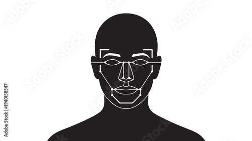 Facial recognition technology on bald mans face in minimalist style with white outline and black background for biometric security