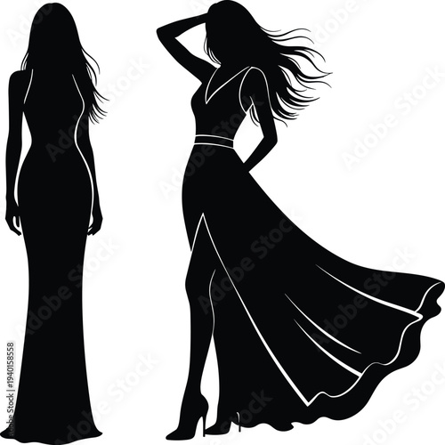 Black silhouette illustration of two elegant beautiful women modeling long flowing evening gowns for fashion apparel vector graphic design projects.
