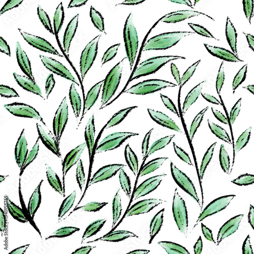 Seamless floral pattern with green leaves and branches features a vintage nature design for spring wallpaper and textile decoration illustration