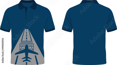 Blue Polo Shirt Featuring an Airplane and Runway Graphic on Front View t-shirt apparel