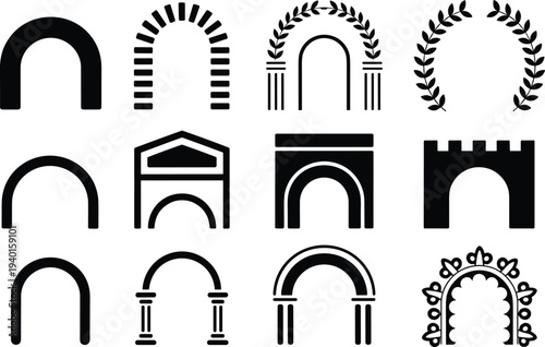 Arch doorway icon set, classic architectural arches, roman column entrance symbols, decorative gateway silhouettes, historical architecture vector collection