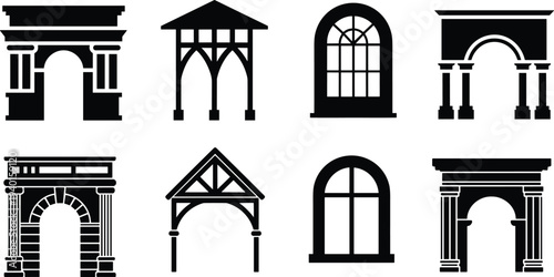 Architectural arch and window icon set, classical building entrances, roman columns gateways silhouettes, historic architecture vector illustration collection
