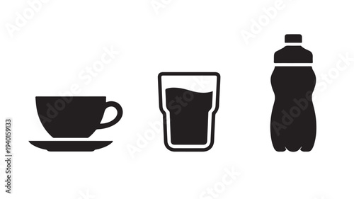 Coffee, Juice, and Water Bottle Silhouettes in Simple Flat Design with Black Color on White Background for Beverage Advertising