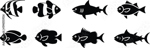 Fish silhouette icon set, tropical aquarium fish collection, marine wildlife vector, ocean animal shapes, black fish icons illustration pack