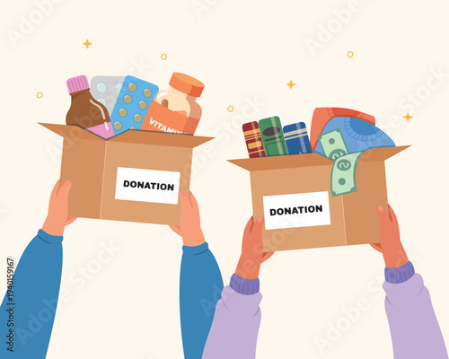 vector illustration of hand holding a box with donation items in boxes. Human community, charity, assistance concept.