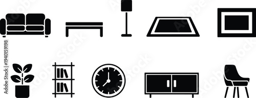 Home furniture icon set, sofa chair table lamp bookshelf cabinet rug plant clock interior living room vector symbols