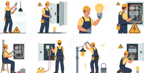 Electrician maintenance set with technician repairing wiring panels lighting installation, professional electrical service worker vector illustration collection