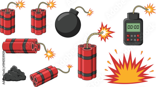Explosive bomb and dynamite icon set, cartoon detonation illustration collection with timer explosive sticks blast effect symbols