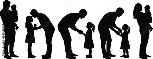 Family silhouettes with parents and children interaction poses, father mother with kids love and care moments, happy parenting concept vector isolated on white background