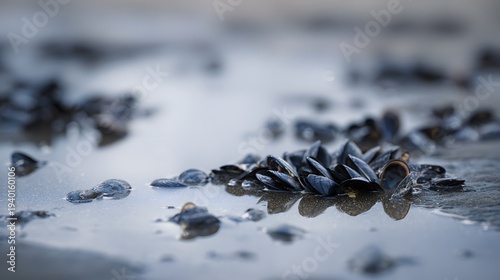 Serene coastal scene reveals mussels on sandy ocean floor at low tide a tranquil nature study