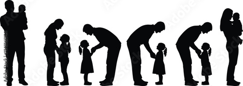 Family silhouettes with parents and children interaction, father and mother with kids poses collection, parenting love concept, happy family vector set isolated on white background