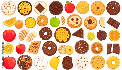 Delicious Assortment of Donuts and Fruits - A Colorful Food Illustration.