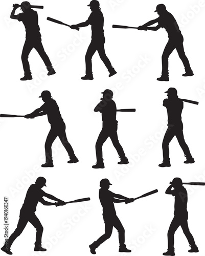 "Baseball Batter Swinging Silhouettes Set Vector Action Poses