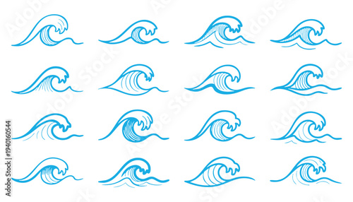 A blue ocean nature pattern collection featuring a set of sea wave vector illustrations.