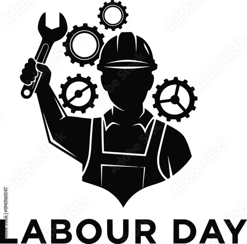 Celebrating Labor Day with a worker holding a wrench and gears in the background to highlight the importance of labor and craftsmanship