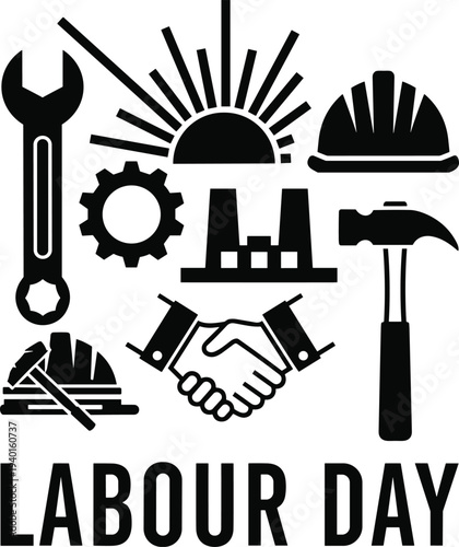 Labor Day icons symbolizing teamwork and industry with tools and a sun.