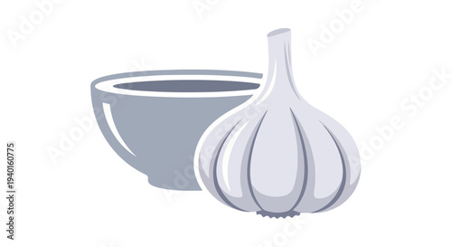 Illustration of a bulb of garlic next to a bowl on a white background with a simple and clean design.