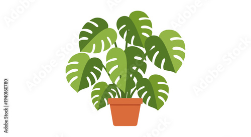 A close-up view of a potted Monstera plant with large green leaves and distinctive holes, placed indoors on a table in a modern living room environment from a front viewpoint.