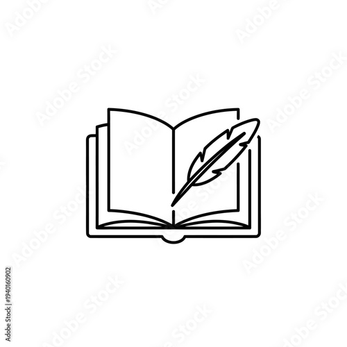 Open Book with Quill Pen for Writing, Study, and Literature Concepts