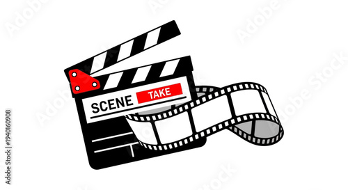 A black and white clapperboard with red accents and a film strip wrapped around it, symbolizing the film industry, on a neutral background from a straightforward viewpoint