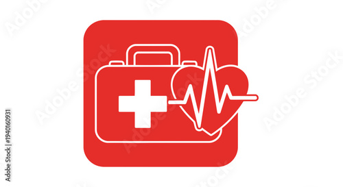 Medical kit icon with cross and heartbeat symbol on red background illustration for health emergency concept in graphic design
