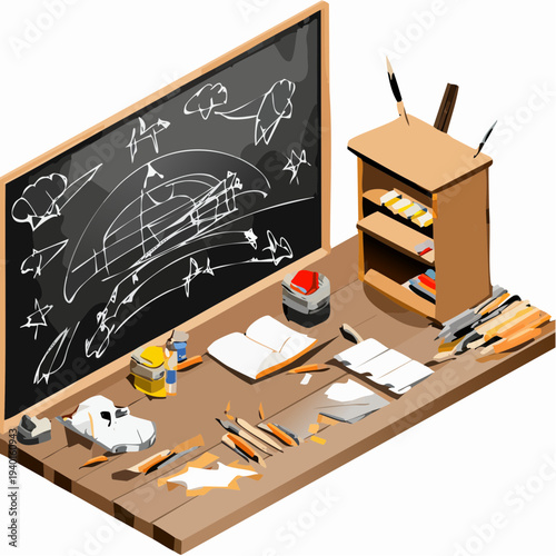 Isometric vector illustration of a cluttered school art desk and chalkboard.