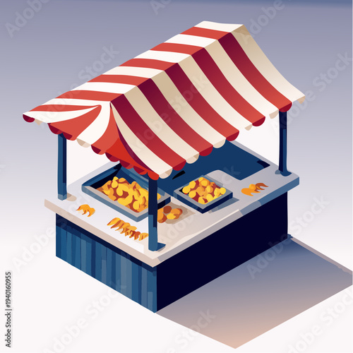 Isometric food stall with red and white striped awning.