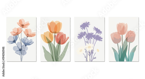 Set of 4 Transparent Watercolor Style Flower Illustrations Vector with Pink, Orange, Blue, and Purple Blooms for Spring Decor and Botanical Designs