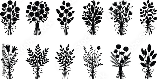 Floral bouquet silhouette collection, decorative flower bunch vector set with leaves ribbon botanical arrangement icons isolated illustration