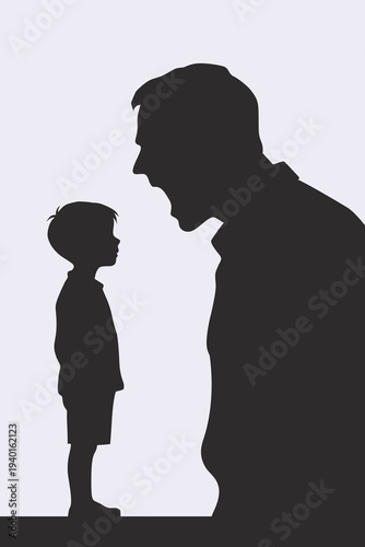 Shouting Father Looms Over Scared Child Silhouette: Dysfunctional Family Trauma, Noise