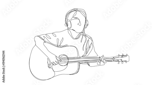 Man Playing Acoustic Guitar with Headphones , continuous line art ,  vector illustration