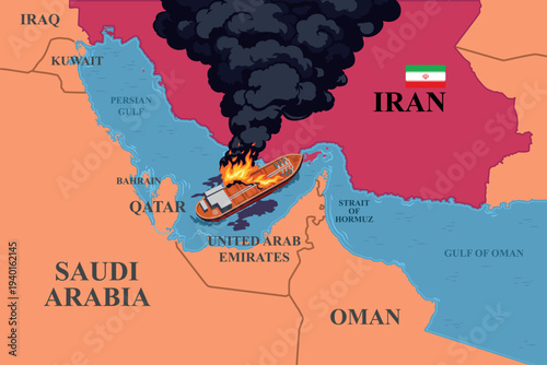 An illustration of a burning oil tanker in the Strait of Hormuz off the coast of Iran. Tensions, war, and threats to global oil shipping and geopolitical risks in the Persian Gulf. Energy crisis