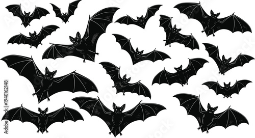 Flying bat silhouettes collection, spooky Halloween bat swarm illustration, gothic night animal design, dark winged bats vector set isolated on white background