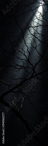 Twisted branches claw the shadowed sky, light piercing like a divine stroke, creating stark contrasts,  rich,  bold