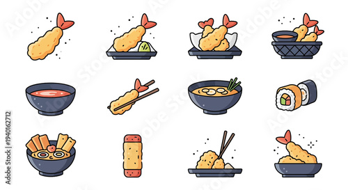 Japanese Cuisine Icon Set Featuring Crispy Ebi Tempura, Sushi Rolls, and Ramen Bowls in Flat Outline Style