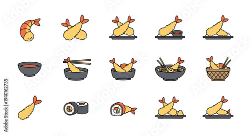 Shrimp Tempura and Sushi Vector Icon Set Japanese Cuisine Food Illustration