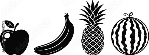 Fruit silhouette icon set with apple banana pineapple watermelon, healthy organic food vector collection, fresh tropical fruit symbols isolated