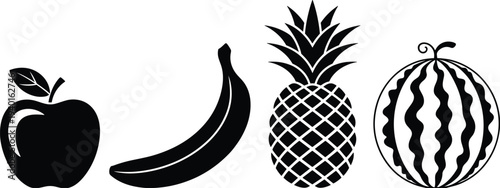 Fruit silhouette icon set with apple banana pineapple watermelon, healthy food vector collection, fresh tropical fruit symbols isolated