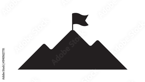 Mountain peak with flag in minimalist silhouette style on white background for business success
