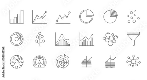 Collection of various data analysis and business graph icons in outline style
