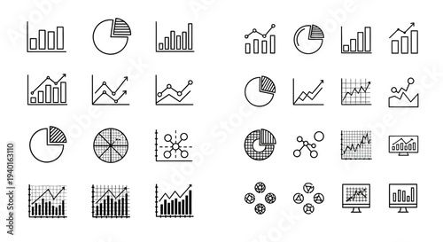 Collection of linear data visualization icons charts graphs and diagrams