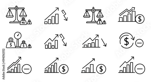 Financial and legal icon set depicting growth justice and economics