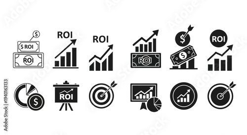 Return on investment icons depicting growth finance and analytical data