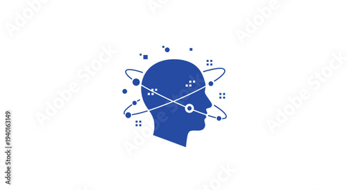 Blue silhouette of a human head with orbiting symbols and lines.