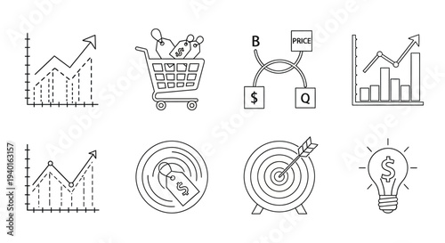 Business and finance line icons growth shopping and market analysis