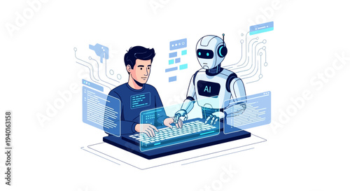 Man collaborating with robot on computer task together.
