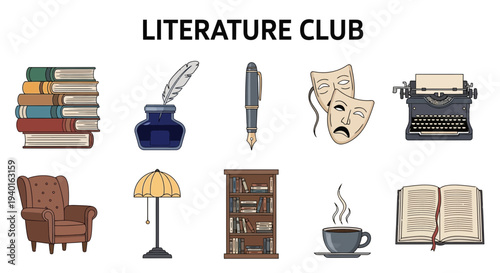 Illustration for a Literature Club featuring books writing tools reading accessories and theatrical masks