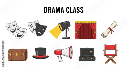 Illustration of ten items associated with drama class arranged in two rows