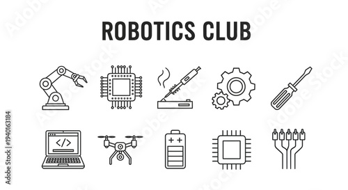 Black line art icons related to robotics and electronics under a title